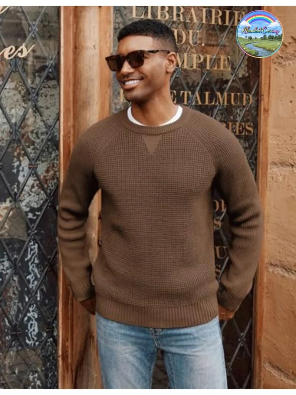 Mens Waffle Knit Pullover Sweater Crewneck Raglan Long Sleeve